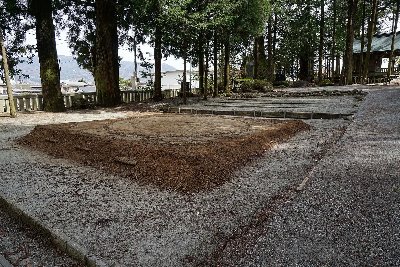 A raised sumo ring of packed clay with a circle edged in straw bales, in a shrine precinct under tall cedar trees
